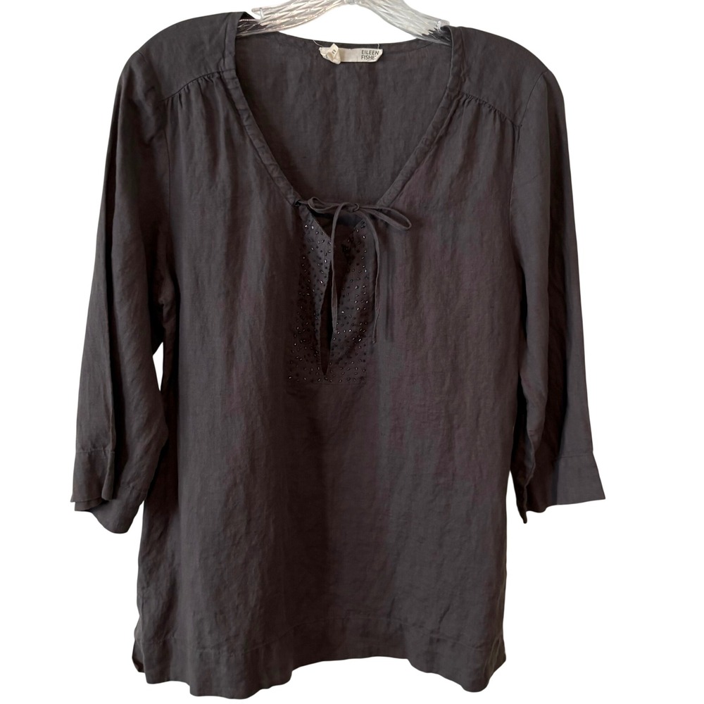 Eileen Fisher Grey Irish Linen Beaded Bracelet Length Sleeves Popover Top Size M